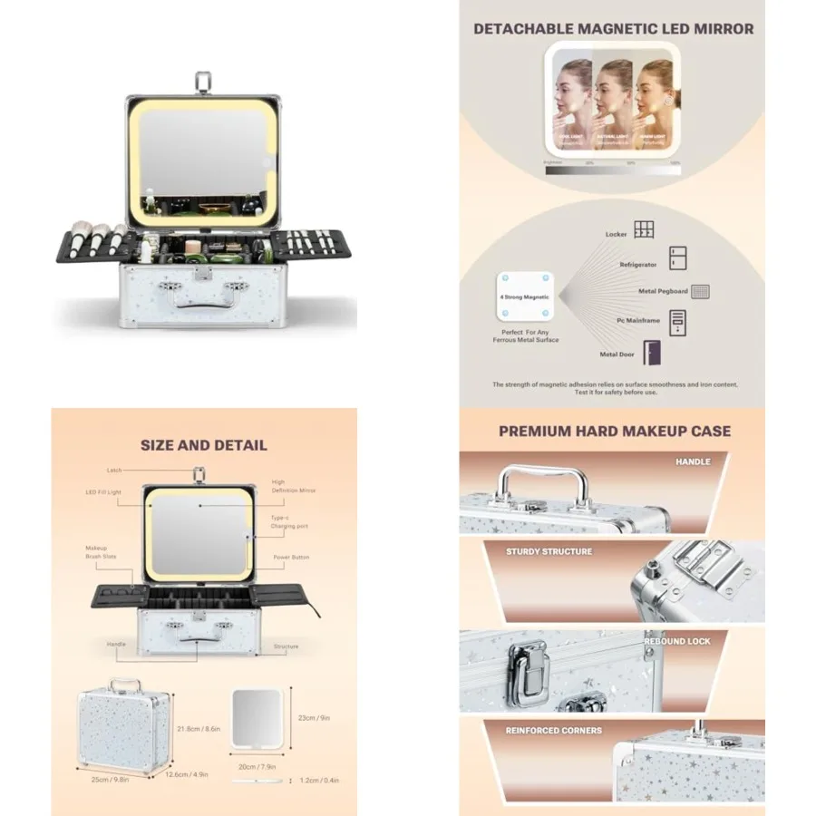 Makeup Box with A Detachable Lighted Mirror, Waterproof Travel Train Case, Cosmetic Organizer and Makeup Suitcase with Adjustable Dividers, Magnetic LED Mirror(Snow White)
Makeup Box with A Detachable Lighted Mirror, Waterproof Travel Train Case, Cosmetic Organizer and Makeup Suitcase with Adjustable Dividers, Magnetic LED Mirror(Snow White)