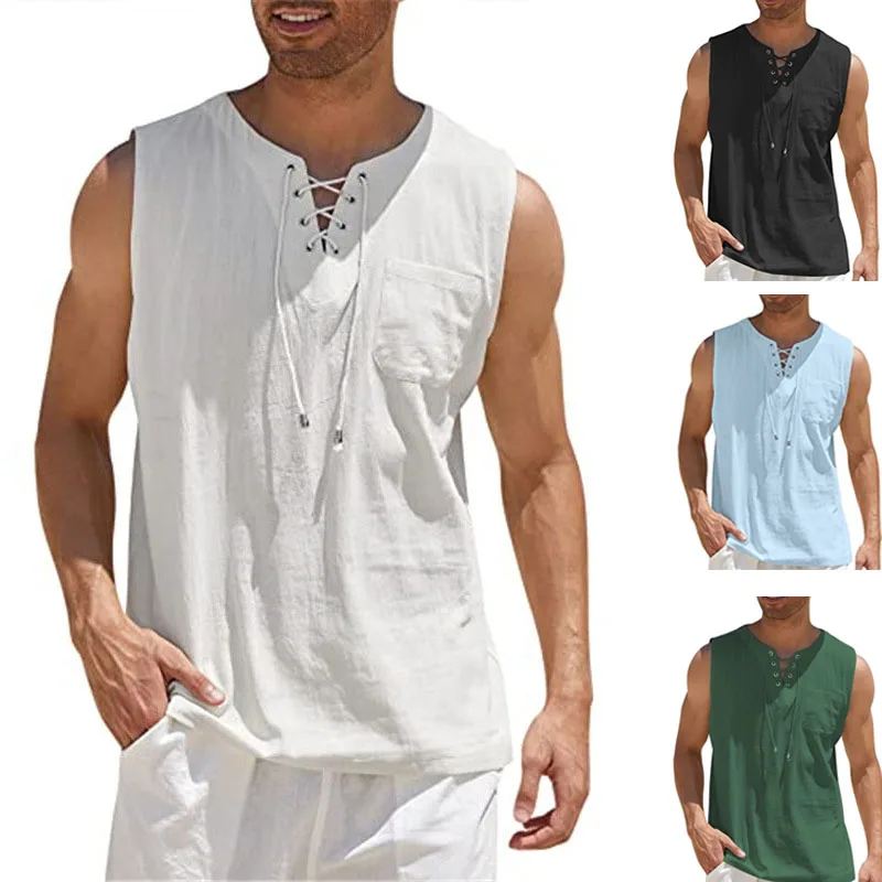 1pcs Summer Men's Casual Shirt Leeveless Vest Bandage Lace Up Blouse Retro V Neck Fashion Loose Shirt Male Solid Color Tank Vest
1pcs Summer Men's Casual Shirt Leeveless Vest Bandage Lace Up Blouse Retro V Neck Fashion Loose Shirt Male Solid Color Tank Vest