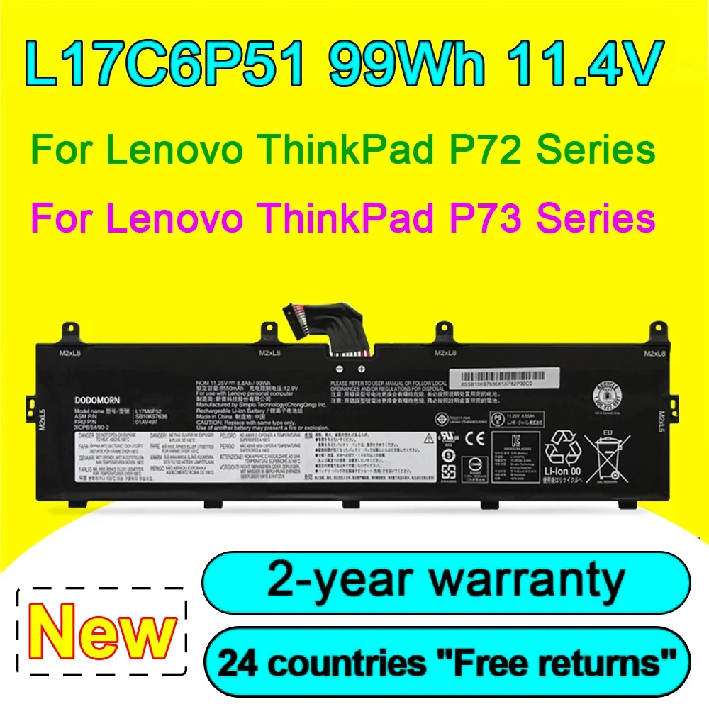 Новый аккумулятор L17C6P51 для ноутбука Lenovo ThinkPad P73 P72 L17M6P52 01AV498 SB10K97637 SB10K97636 01AV497 3ICP6/54/90-2 99Wh 11,4 в
Новый аккумулятор L17C6P51 для ноутбука Lenovo ThinkPad P73 P72 L17M6P52 01AV498 SB10K97637 SB10K97636 01AV497 3ICP6/54/90-2 99Wh 11,4 в