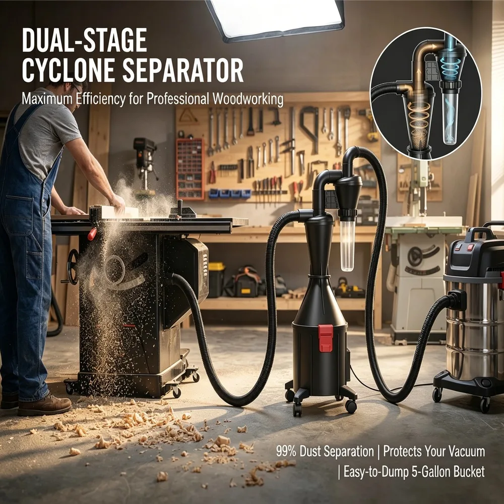 Dual Cyclone Separator & 5-Gallon Bucket Dust Collector Mounted Wall/Wheel 2-in-1 Industrial Woodworking Vacuum Filter
Dual Cyclone Separator & 5-Gallon Bucket Dust Collector Mounted Wall/Wheel 2-in-1 Industrial Woodworking Vacuum Filter