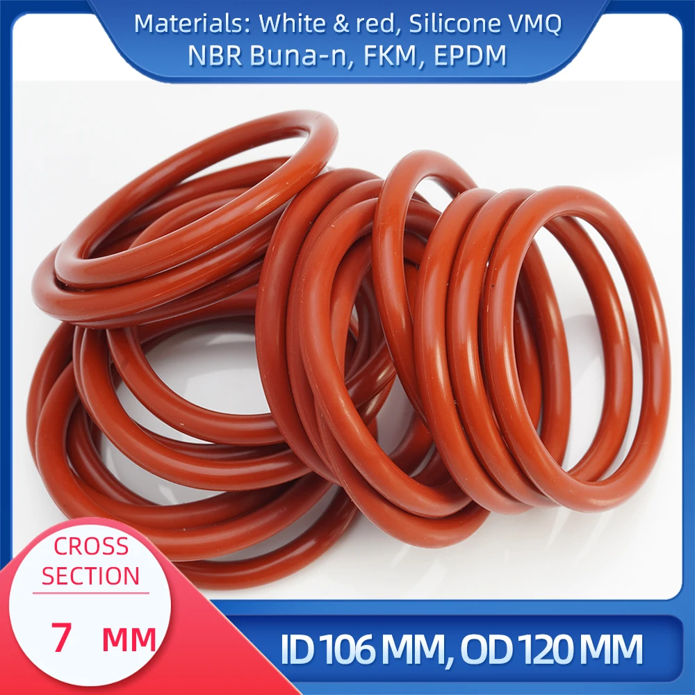 O Ring CS 7 mm ID 106 mm OD 120 mm Material With Silicone VMQ NBR FKM EPDM ORing Seal Gask
O Ring CS 7 mm ID 106 mm OD 120 mm Material With Silicone VMQ NBR FKM EPDM ORing Seal Gask