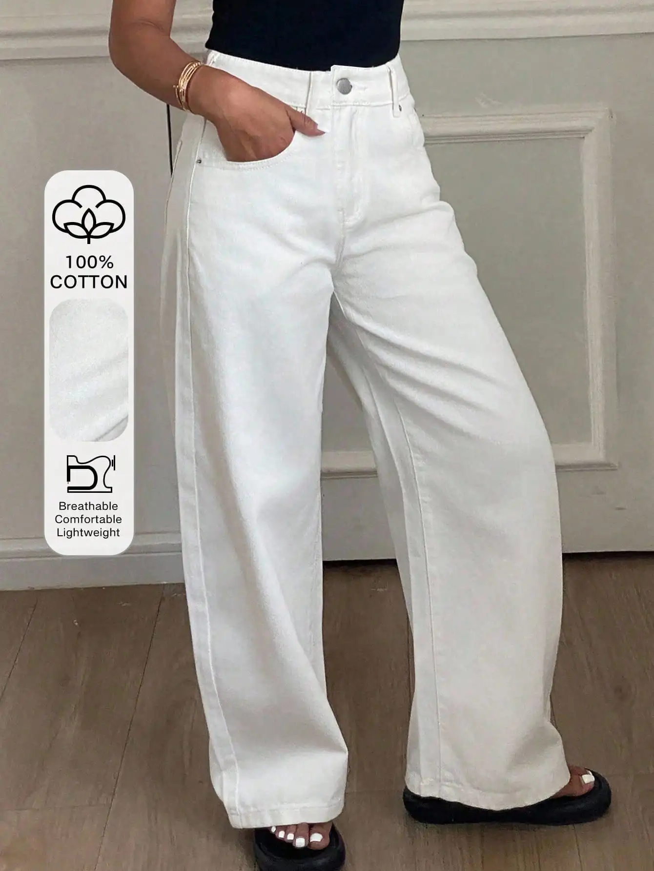 Женские повседневные джинсы из хлопка с высокой талией и широкими штанинами
Женские повседневные джинсы из хлопка с высокой талией и широкими штанинами