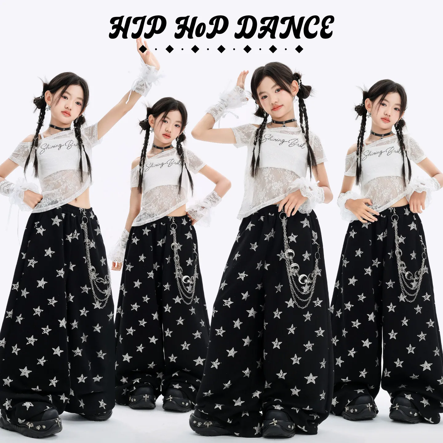 Girls Kpop Hip Hop Dance Outfit White Mesh Crop Top with Star Print Wide Leg Pants Set for Kids Streetwear Performance Costumes
Girls Kpop Hip Hop Dance Outfit White Mesh Crop Top with Star Print Wide Leg Pants Set for Kids Streetwear Performance Costumes