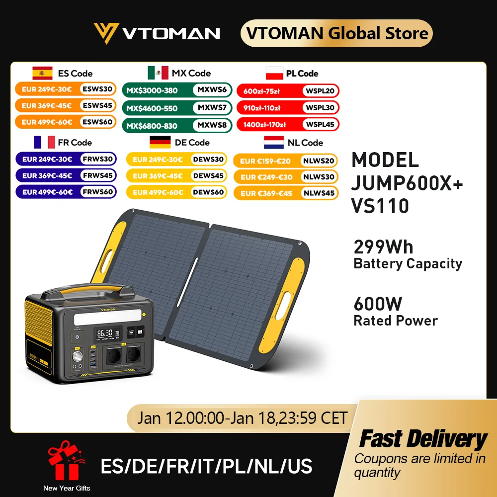 VTOMAN JUMP600X with 110W Solar Panel included,600W 299Wh LiFePO4 Portable Power Station with Solar Charger for Camp
VTOMAN JUMP600X with 110W Solar Panel included,600W 299Wh LiFePO4 Portable Power Station with Solar Charger for Camp