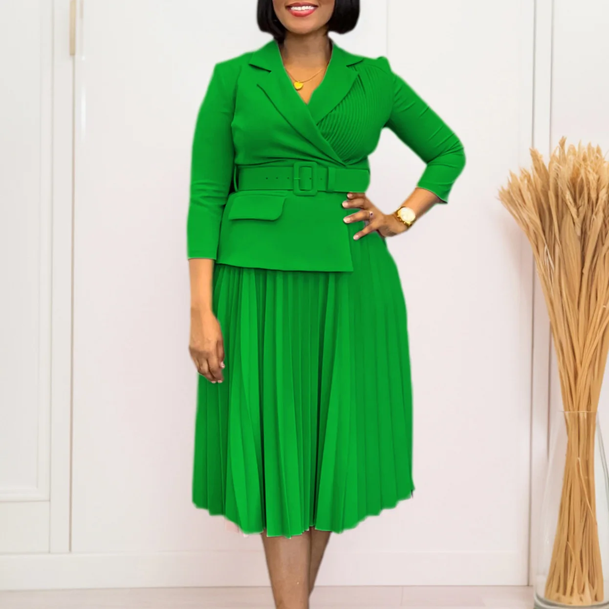 Women Solid Pleated Dresses Belted Dress Mid Calf Lenth A Line Notched Collar Three Quarter Sleeves Casual Elegant 2025 Autumn
Women Solid Pleated Dresses Belted Dress Mid Calf Lenth A Line Notched Collar Three Quarter Sleeves Casual Elegant 2025 Autumn