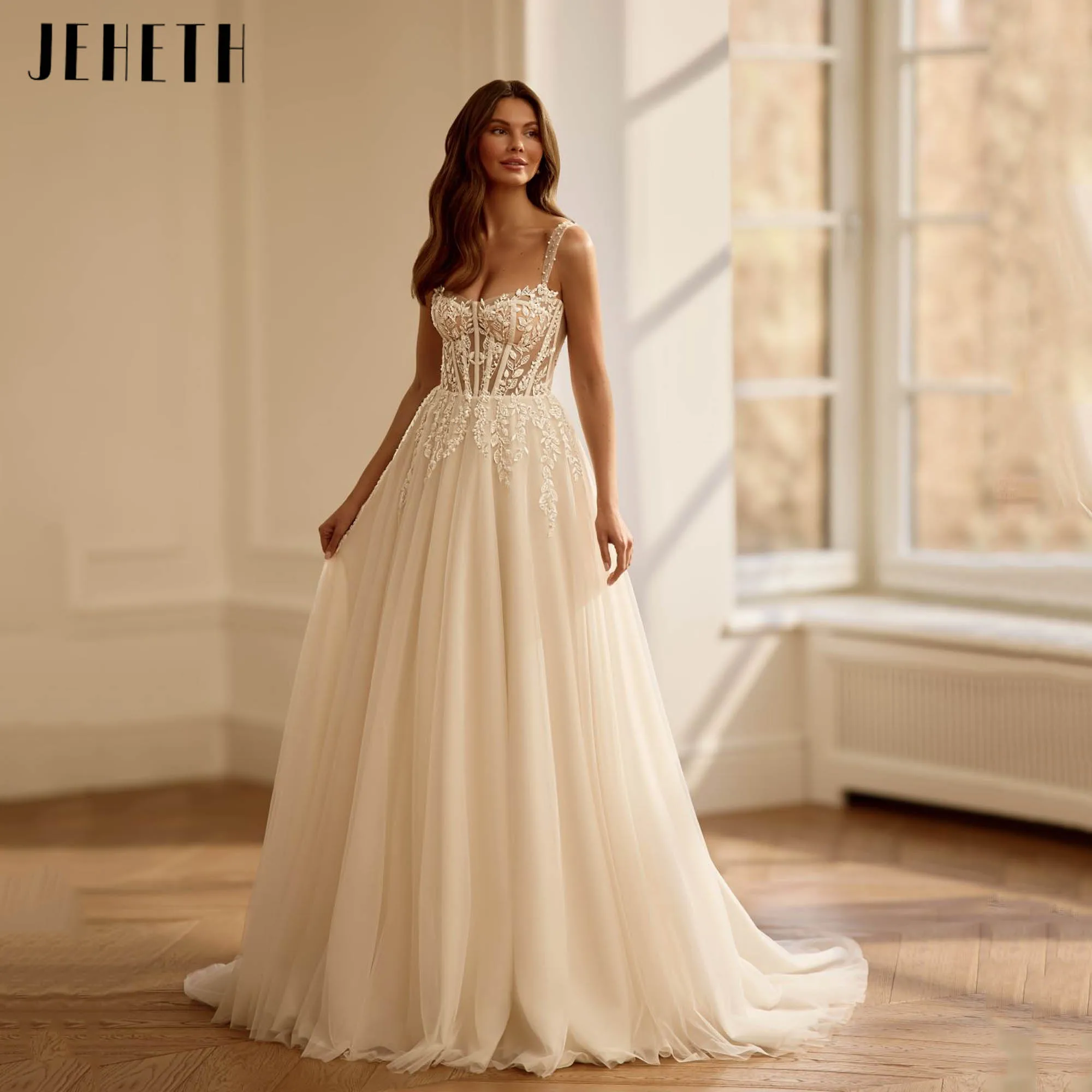 JEHETH Милое свадебное платье из тюля с аппликацией, современное свадебное платье трапециевидной формы с открытой спиной на бретельках, платья de novia по индивидуальному заказу
JEHETH Милое свадебное платье из тюля с аппликацией, современное свадебное платье трапециевидной формы с открытой спиной на бретельках, платья de novia по индивидуальному заказу