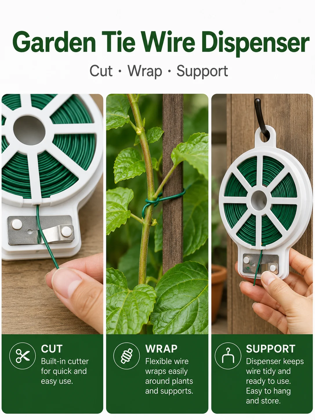 Garden Tie Wire Dispenser with Built-In Cutter, Green Plastic Coated Plant Support Wire Roll, Self-Cut Gardening Twist Tie for Tomato Vines, Climbing Plants, Flower Stems, Trellis Training, Plant Stakes, Greenhouse, Yard, Balcony, Indoor Outdoor Home Gard
Garden Tie Wire Dispenser with Built-In Cutter, Green Plastic Coated Plant Support Wire Roll, Self-Cut Gardening Twist Tie for Tomato Vines, Climbing Plants, Flower Stems, Trellis Training, Plant Stakes, Greenhouse, Yard, Balcony, Indoor Outdoor Home Gard