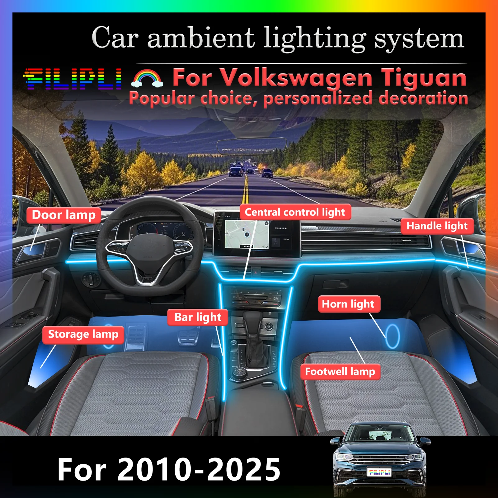 For Volkswagen Tiguan Car Interior Decorative Ambient Light RGB 64-Color LED Smart Remote Control Energy Saving Kit
For Volkswagen Tiguan Car Interior Decorative Ambient Light RGB 64-Color LED Smart Remote Control Energy Saving Kit
