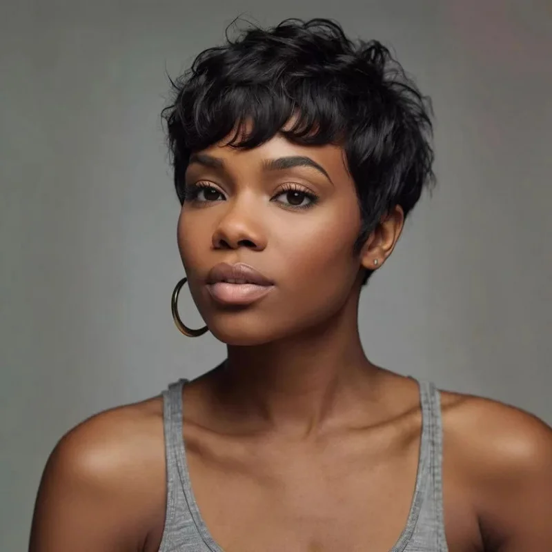 European and American style pixie cut wig, black short hair for African women, fashionable synthetic fiber
European and American style pixie cut wig, black short hair for African women, fashionable synthetic fiber