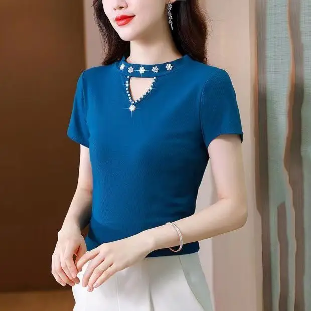Summer New Design Short-sleeved T-shirt Women's Hollow Bead Bottoming Shirt Half-sleeved Shirt Women Clothes
Summer New Design Short-sleeved T-shirt Women's Hollow Bead Bottoming Shirt Half-sleeved Shirt Women Clothes