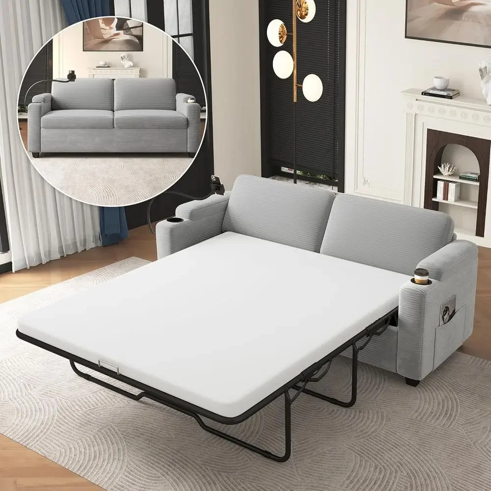 Grey Corduroy Full-Size Sleeper Sofa with USB Ports, Cup Holders, and Side Pockets
Grey Corduroy Full-Size Sleeper Sofa with USB Ports, Cup Holders, and Side Pockets