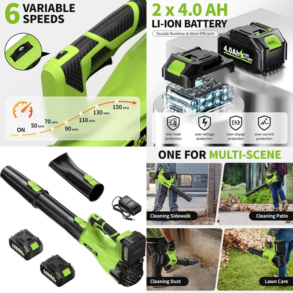 Battery-Powered Leaf Blower with 2 x 4.0Ah Batteries, 3 Tubes, 6 Speeds for Patio, Yard, Garage, Lawn (Green)
Battery-Powered Leaf Blower with 2 x 4.0Ah Batteries, 3 Tubes, 6 Speeds for Patio, Yard, Garage, Lawn (Green)