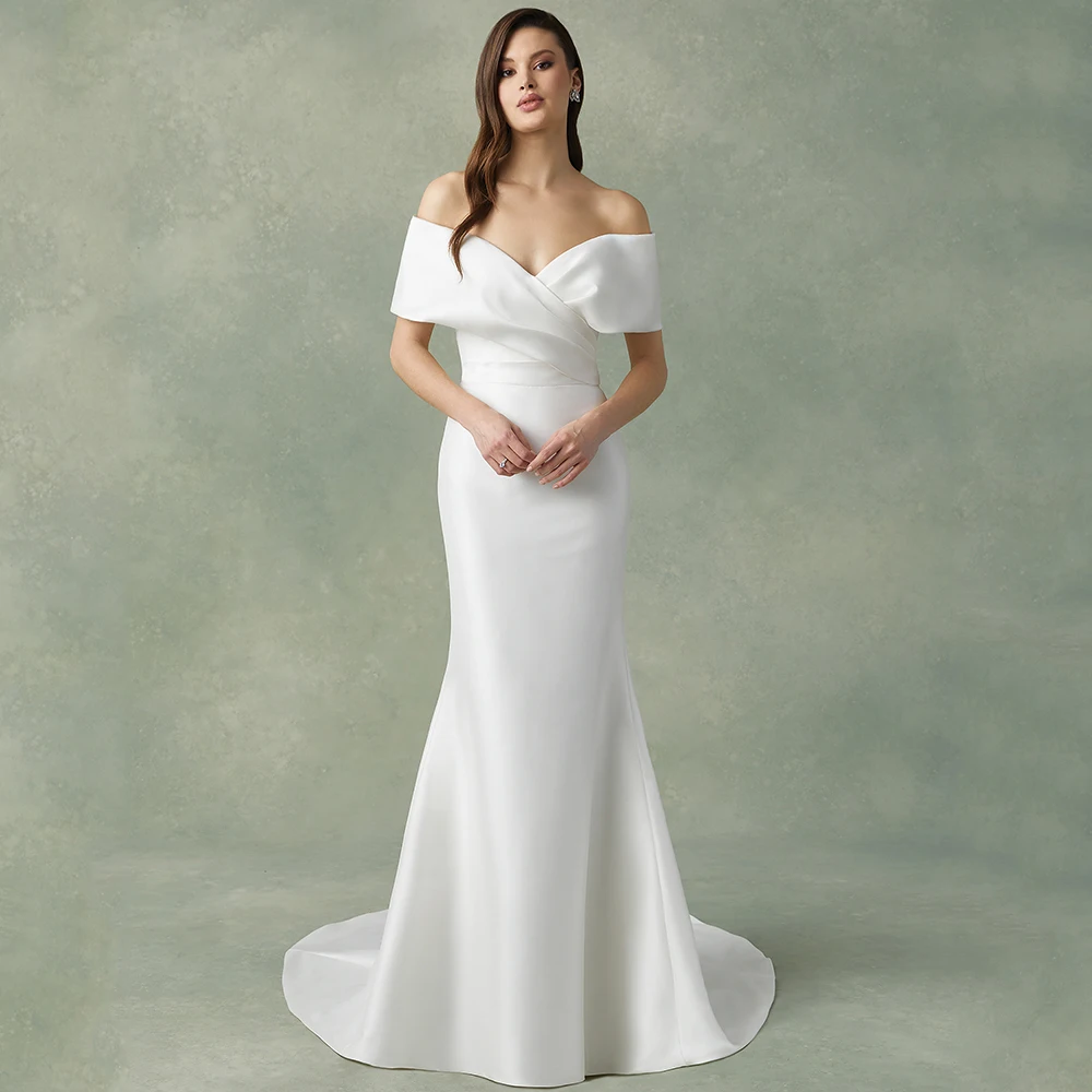Simple Mermaid Satin Off the Shoulder Wedding Dress Classic V-Neck Pleat Short Sleeve with Buttons Sweep Train Gowns
Simple Mermaid Satin Off the Shoulder Wedding Dress Classic V-Neck Pleat Short Sleeve with Buttons Sweep Train Gowns