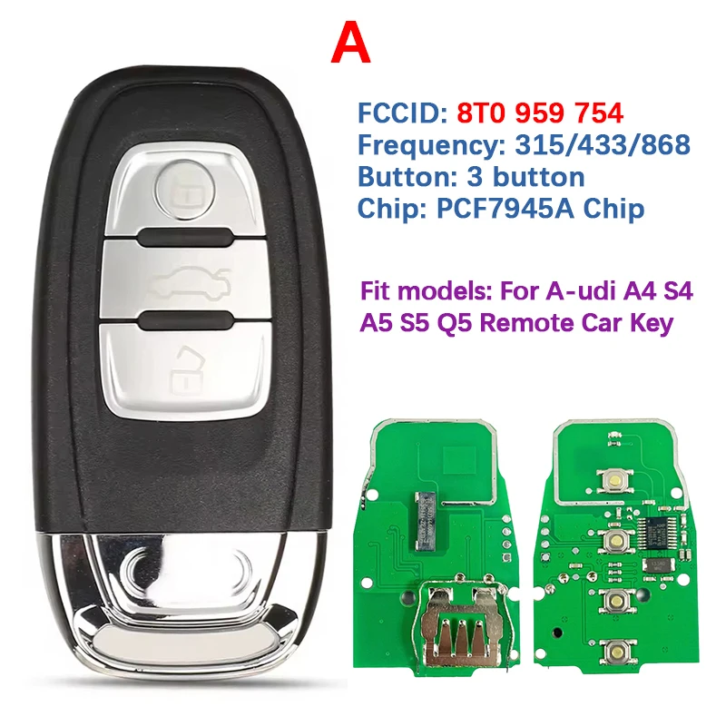 CN 008016 Aftermarket 3/4 кнопки автомобильный смарт-карта удаленный ключ PCF7945A чип 315/434/868 МГц 8T0 959 754 для A-udi A4 S4 A5 S5 Q5
CN 008016 Aftermarket 3/4 кнопки автомобильный смарт-карта удаленный ключ PCF7945A чип 315/434/868 МГц 8T0 959 754 для A-udi A4 S4 A5 S5 Q5