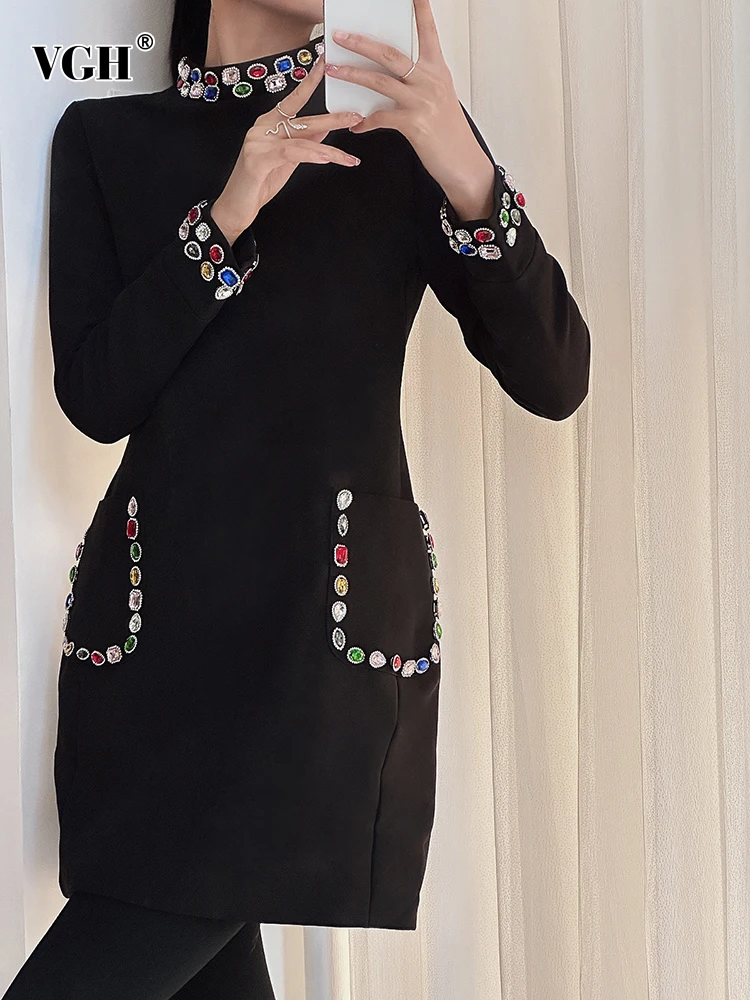 VGH Patchwork Diamonds Casual Dresses For Women Stand Collar Long Sleeve High Waist Spliced Pockets Elegant Mini Dress Female
VGH Patchwork Diamonds Casual Dresses For Women Stand Collar Long Sleeve High Waist Spliced Pockets Elegant Mini Dress Female