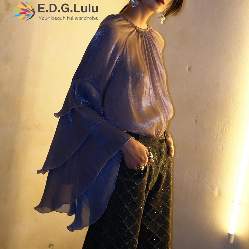 EDGLuLu 2025 New Fashion Stacked Ruffle Long Sleeves Chiffon Blouse For Women Casual Round Neck Purple Chiffon Shirt 0510
EDGLuLu 2025 New Fashion Stacked Ruffle Long Sleeves Chiffon Blouse For Women Casual Round Neck Purple Chiffon Shirt 0510