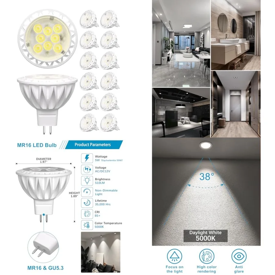 Pack MR16 LED Bulbs, 50 Watt Equivalent, 5W GU5.3 MR16 V Spotlight Bulb, 38 Degree Beam Angle for Landscape, Recessed, Track Li
Pack MR16 LED Bulbs, 50 Watt Equivalent, 5W GU5.3 MR16 V Spotlight Bulb, 38 Degree Beam Angle for Landscape, Recessed, Track Li