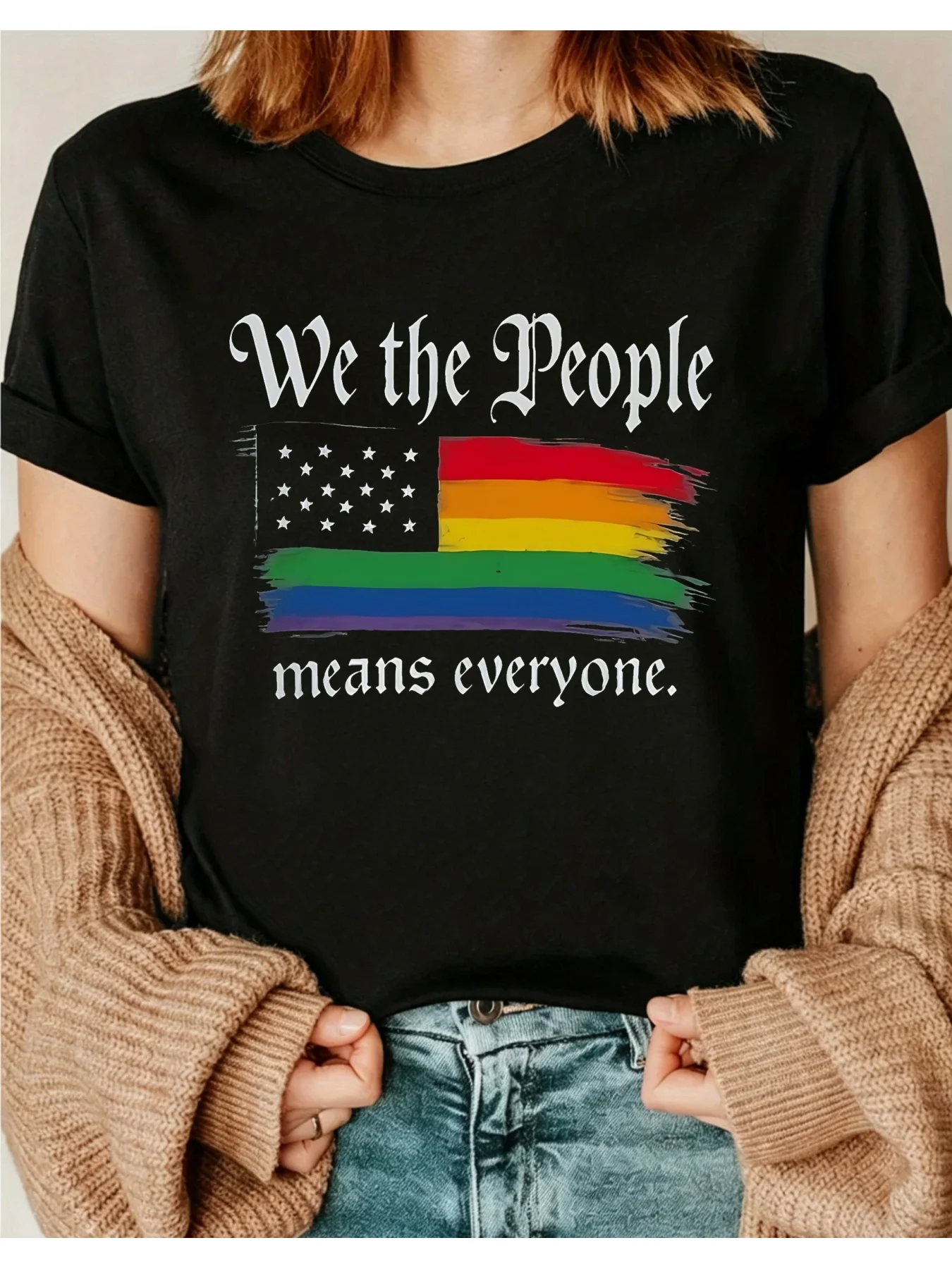 American Flag Rainbow Pride "We the People" Symbolizes Inclusivity and Unity. Women's T-Shirt with Patriotic and Inclusive Design. Suitable for Everyday Casual Wear and Special Occasions. the Perfect Gift for Lgbtq+ Allies and Supporters. Model 01, Crew N
American Flag Rainbow Pride "We the People" Symbolizes Inclusivity and Unity. Women's T-Shirt with Patriotic and Inclusive Design. Suitable for Everyday Casual Wear and Special Occasions. the Perfect Gift for Lgbtq+ Allies and Supporters. Model 01, Crew N