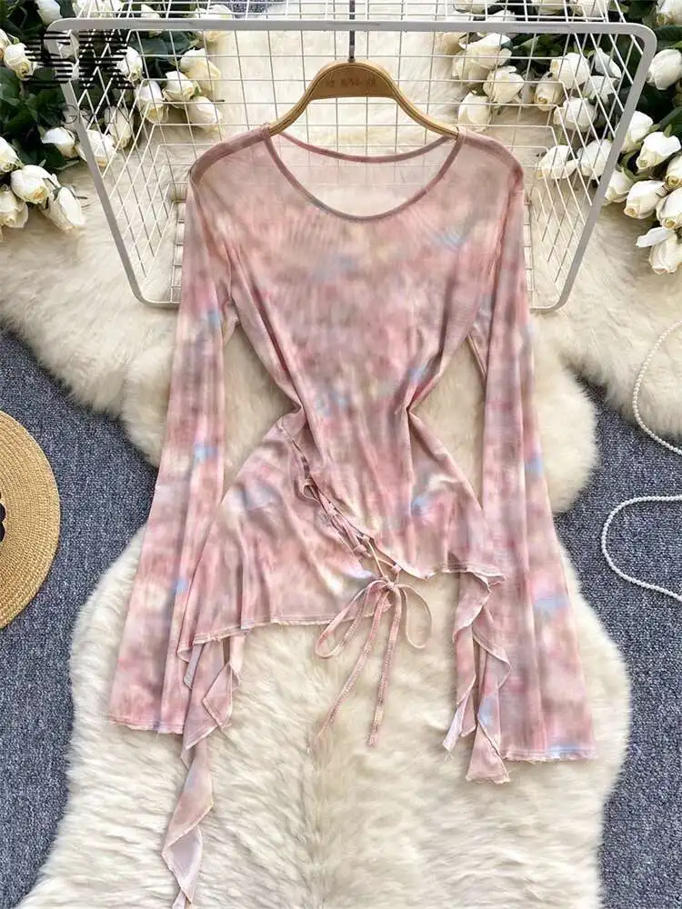 BabYoung Print Mesh Shirt Women Summer Long Sleeve O Neck Lace Up Design Top Ladies Hollow Out Skinny Slim Irregular Blouse
BabYoung Print Mesh Shirt Women Summer Long Sleeve O Neck Lace Up Design Top Ladies Hollow Out Skinny Slim Irregular Blouse