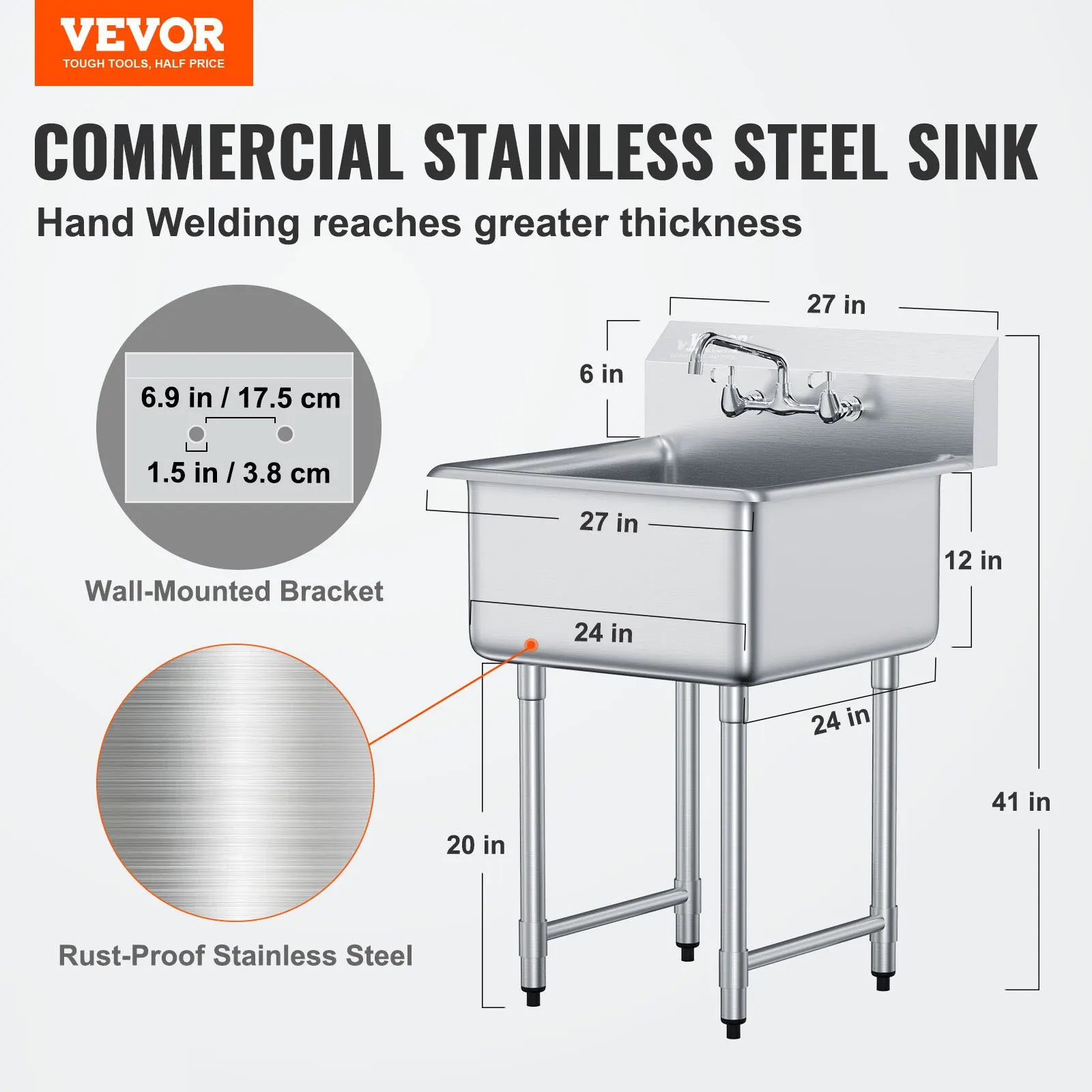 Stainless Steel Prep & Utility Sink, 1 Compartment Free Standing Small Sink Include Faucet & Legs, 27'x41' Commercial Single
Stainless Steel Prep & Utility Sink, 1 Compartment Free Standing Small Sink Include Faucet & Legs, 27'x41' Commercial Single