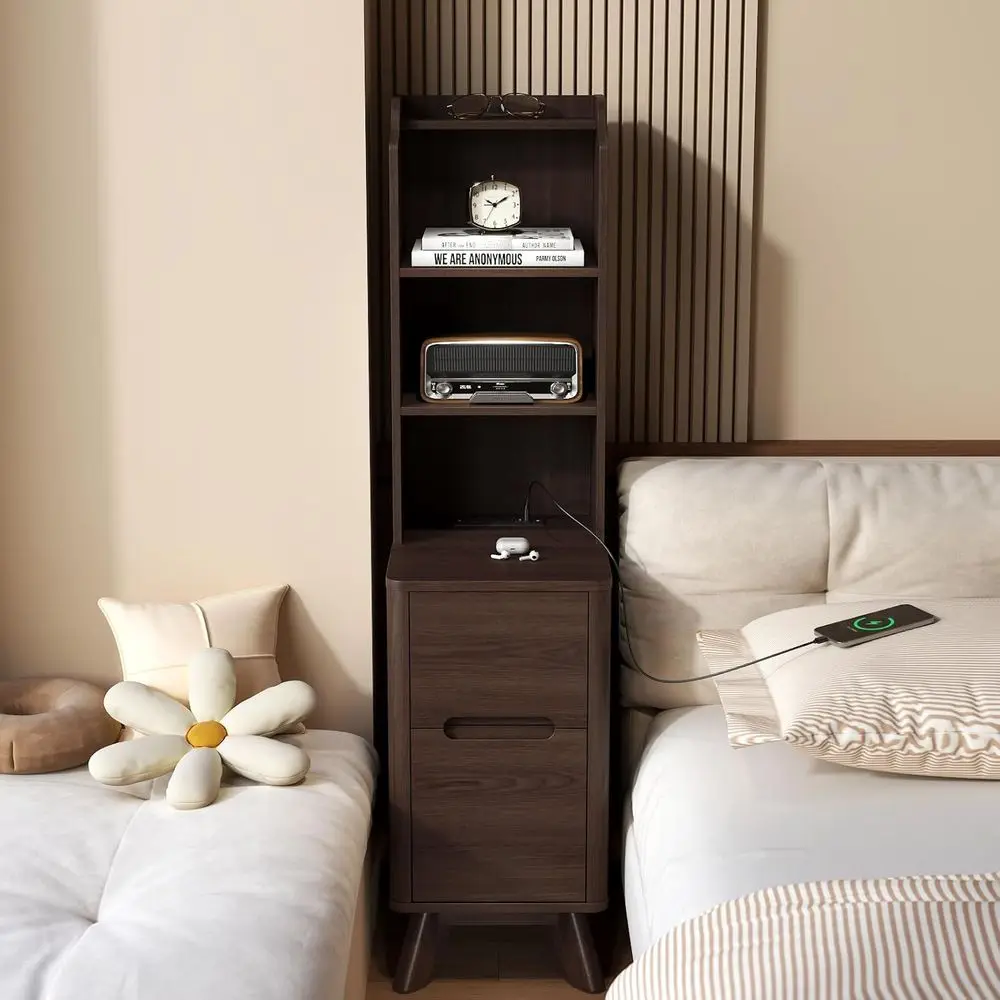 47 Tall Wooden Nightstand with Charging Station, Shelving, and Storage for Bedroom in Brown
47 Tall Wooden Nightstand with Charging Station, Shelving, and Storage for Bedroom in Brown