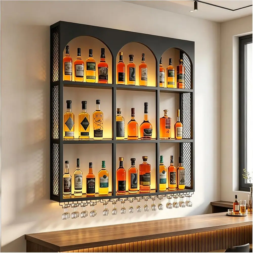 47.2in ern LED Wine Rack Wall Mounted,loating Bar Shelves, 9-Grid rench Arched Retro Design ,3-Tier Liquor Shel Wall Mounted wit
47.2in ern LED Wine Rack Wall Mounted,loating Bar Shelves, 9-Grid rench Arched Retro Design ,3-Tier Liquor Shel Wall Mounted wit