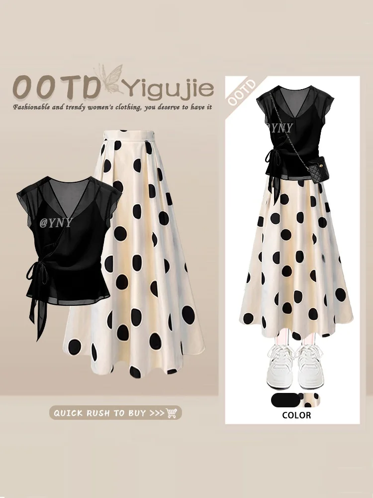 Elegant Vintage Hong Kong Style Semi-Transparent Summer Polka Dot Skirt Three-Piece Set Women's High Waist Belted Tie-Top
Elegant Vintage Hong Kong Style Semi-Transparent Summer Polka Dot Skirt Three-Piece Set Women's High Waist Belted Tie-Top