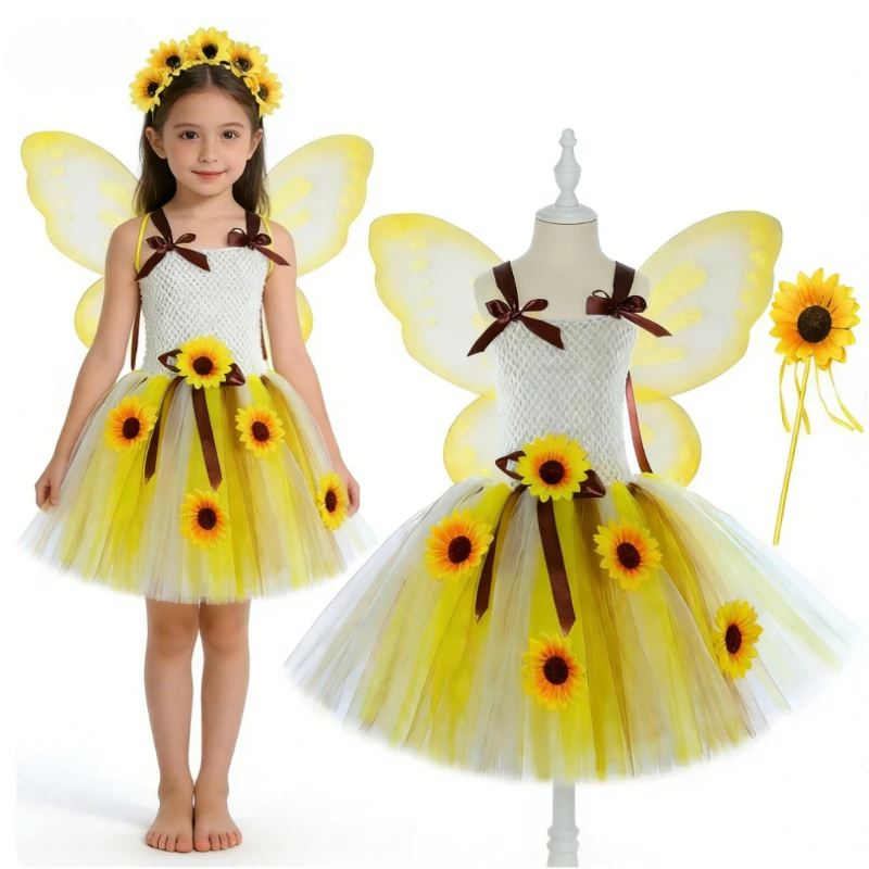 Birthday Halloween Fairy Princess Dress for Girls Sunflowers Outfit with Butterfly Wings Wand Hairbow Kids New Years Costumes
Birthday Halloween Fairy Princess Dress for Girls Sunflowers Outfit with Butterfly Wings Wand Hairbow Kids New Years Costumes