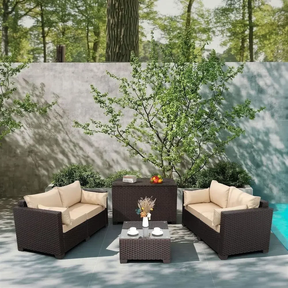 4-Piece Outdoor Patio Furniture Set with Loveseat, Storage Box, Coffee Table, Khaki Cushions, and Waterproof Covers
4-Piece Outdoor Patio Furniture Set with Loveseat, Storage Box, Coffee Table, Khaki Cushions, and Waterproof Covers