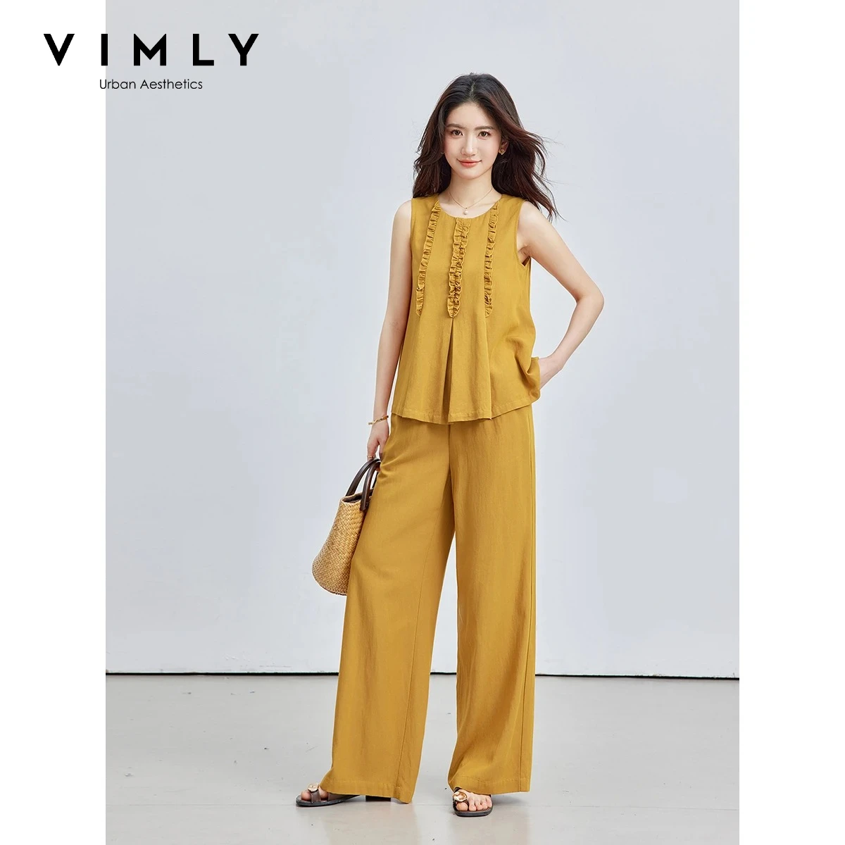 VIMLY Casual Vacation Two-Piece Women's Matching Sets Ruffle Trim Round Neck Sleeveless Top High Waist Wide Leg Pants A6285
VIMLY Casual Vacation Two-Piece Women's Matching Sets Ruffle Trim Round Neck Sleeveless Top High Waist Wide Leg Pants A6285