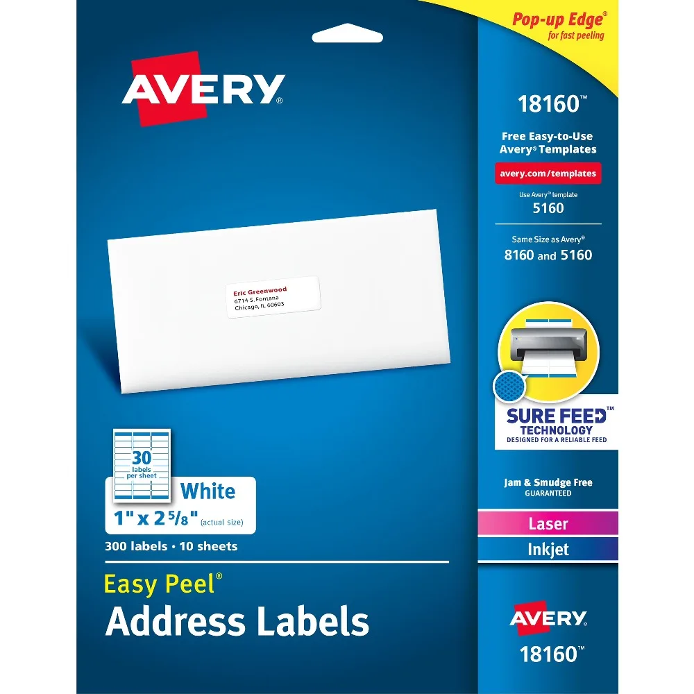 Address Labels 1 x 2-5/8 Inch Matte White Paper for Laser and Inkjet Printers with Sure Feed 300 Adhesive Mailing Stickers per Pack
Address Labels 1 x 2-5/8 Inch Matte White Paper for Laser and Inkjet Printers with Sure Feed 300 Adhesive Mailing Stickers per Pack
