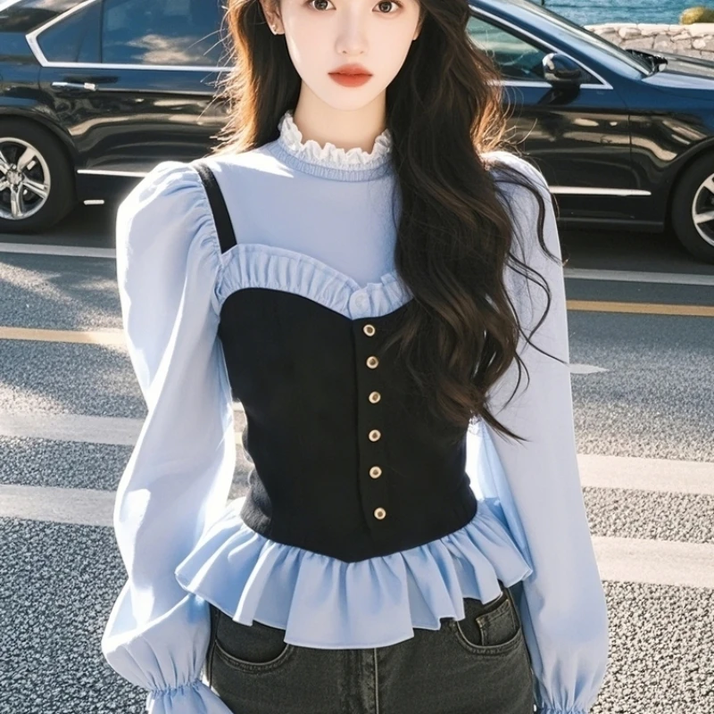 Spring Fall Women Lace Patchwork Ruffles Puff Sleeve Slim French Vintage Top T Shirt , Woman Stand Collar Tops Shirts
Spring Fall Women Lace Patchwork Ruffles Puff Sleeve Slim French Vintage Top T Shirt , Woman Stand Collar Tops Shirts