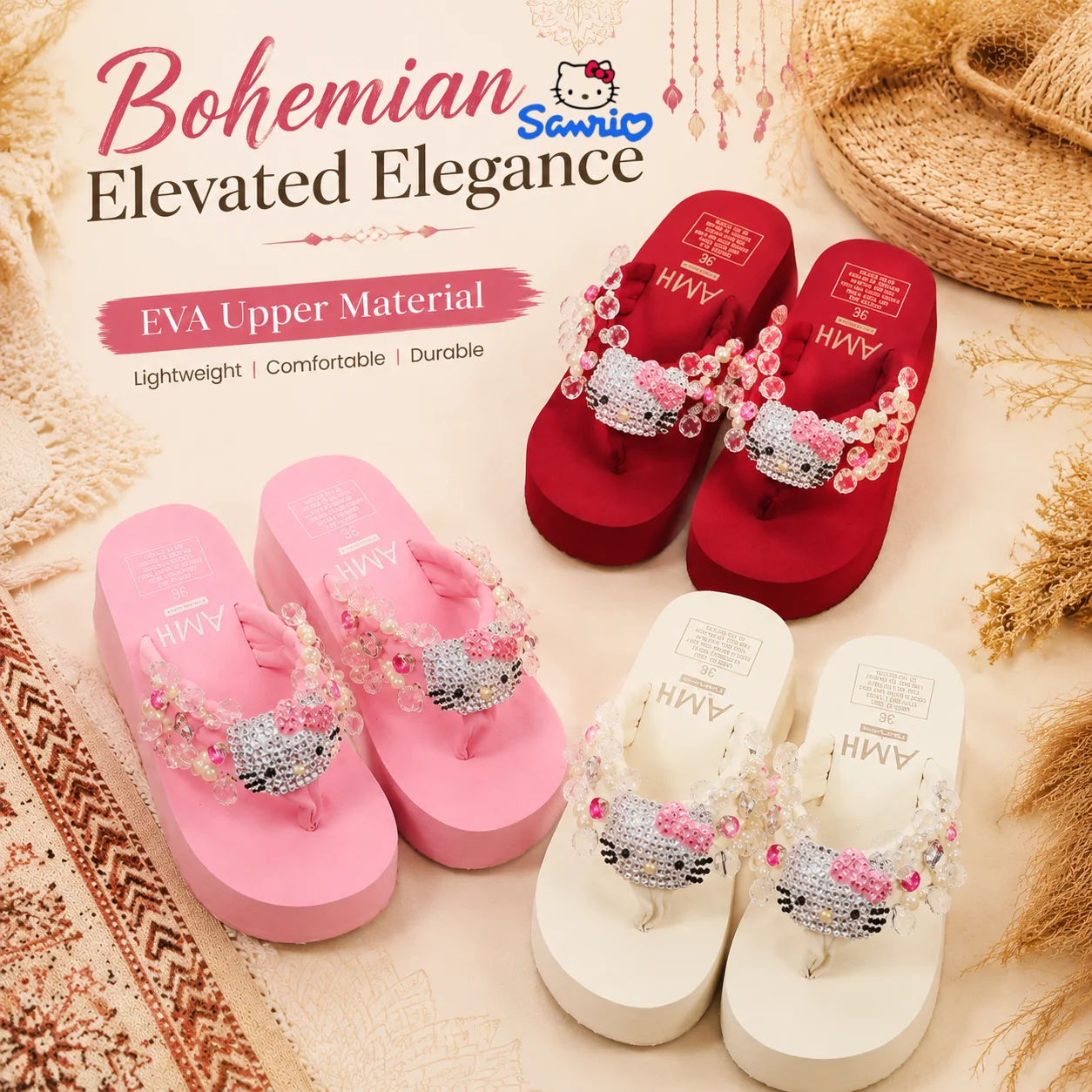 Sanrio Hello Kitty EVA Summer Women Wedge Flip Thick Sole Heightened Flops Boho Style Rhinestone Crystal Bling Beach Sandals
Sanrio Hello Kitty EVA Summer Women Wedge Flip Thick Sole Heightened Flops Boho Style Rhinestone Crystal Bling Beach Sandals