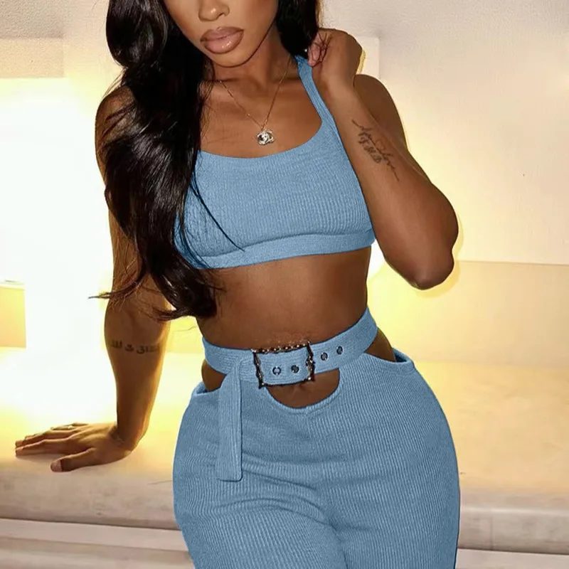 Light Blue Ribbed Two-Piece Set: Cropped Top & High-Waisted Pants with Cutouts, Ornate Buckle Belt - Chic Casual Outfit
Light Blue Ribbed Two-Piece Set: Cropped Top & High-Waisted Pants with Cutouts, Ornate Buckle Belt - Chic Casual Outfit