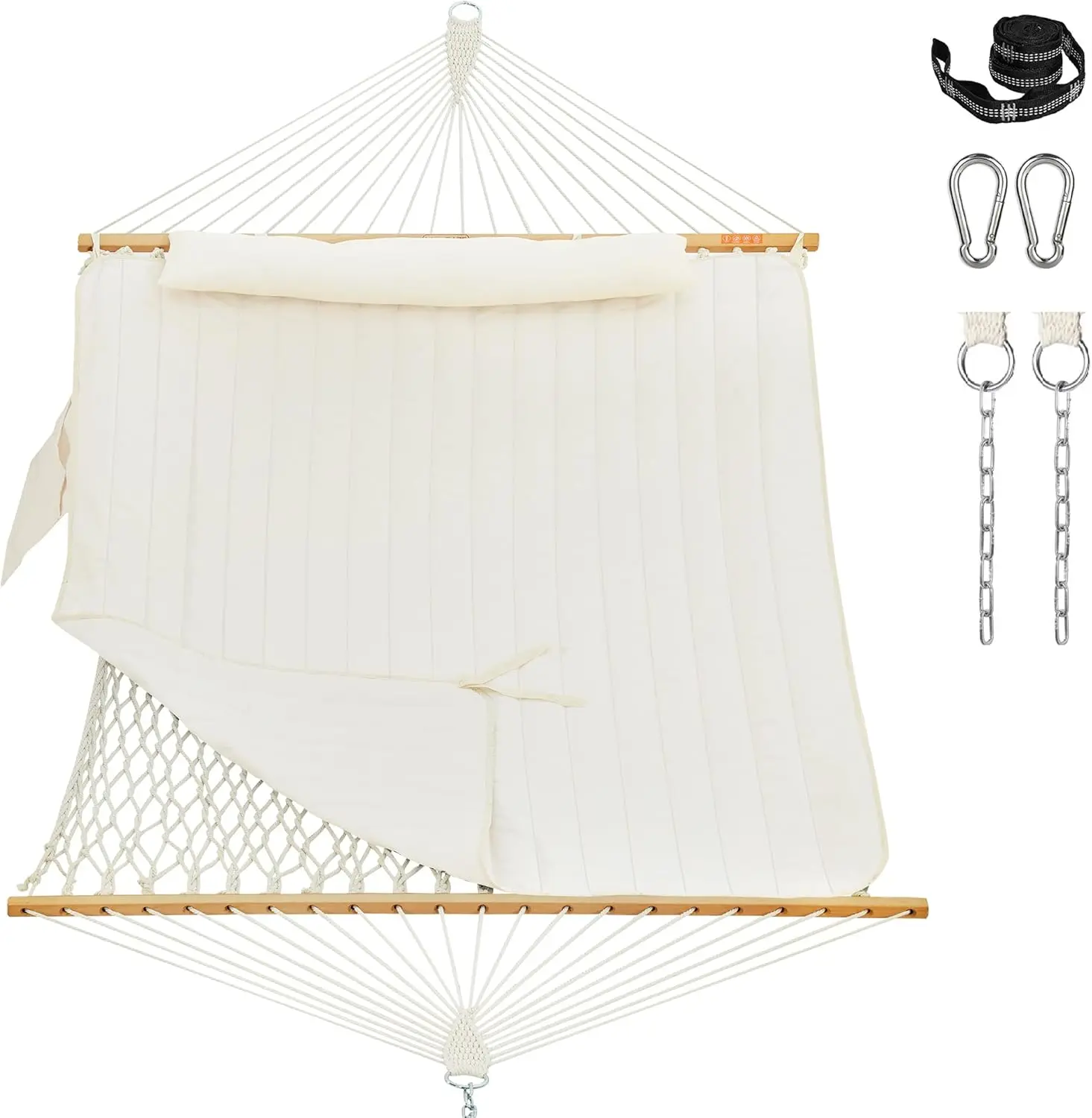 Rope Hammock with Pad, Spreader Bar, Carabiners, Tree Straps, Chains for Outside Patio- Max 450 Lbs, Cream
Rope Hammock with Pad, Spreader Bar, Carabiners, Tree Straps, Chains for Outside Patio- Max 450 Lbs, Cream