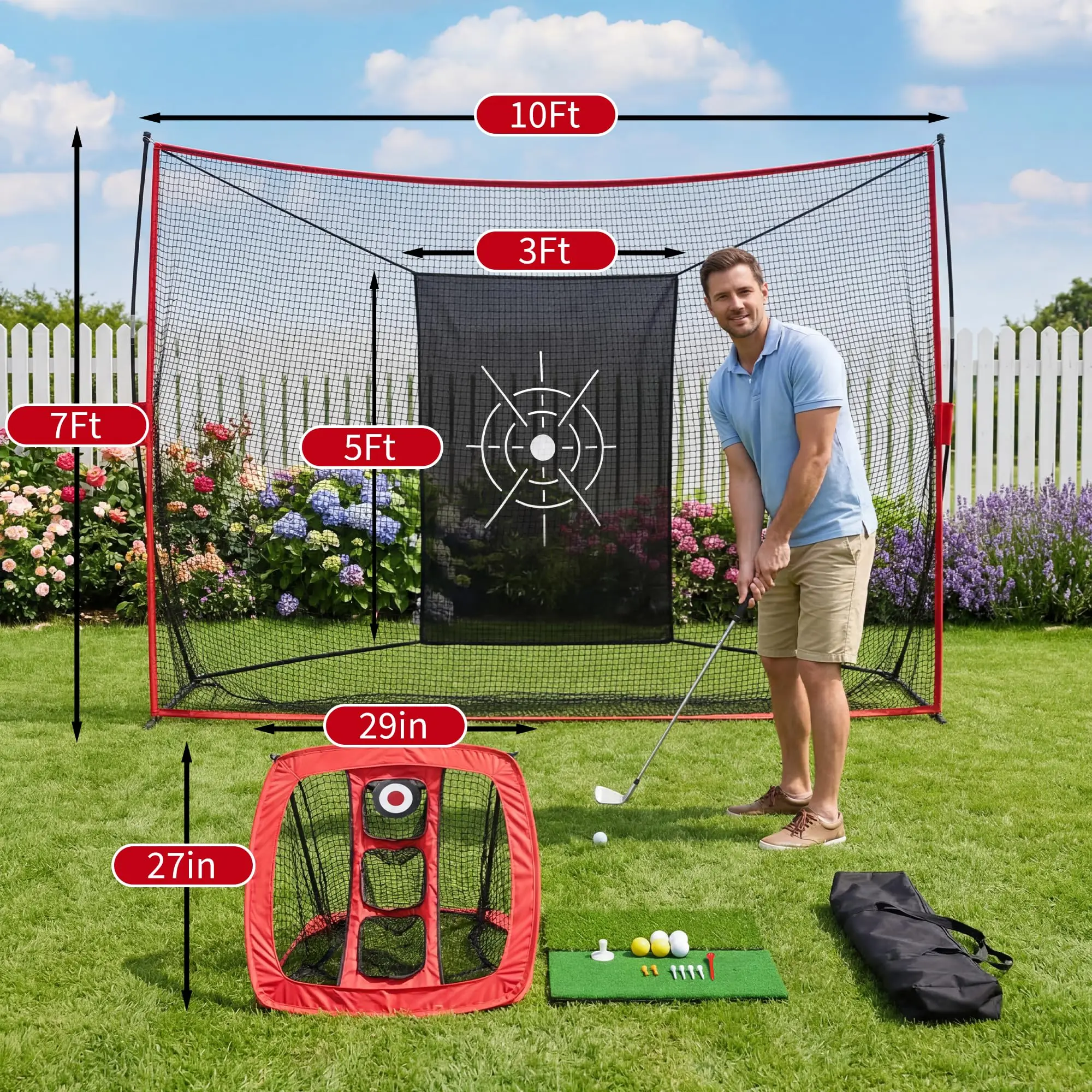 10x7FT Golf Hitting Net Set With Chipping Net, Dual Turf Mat, Carry Bag For Backyard Indoor Outdoor Real Ball Practice
10x7FT Golf Hitting Net Set With Chipping Net, Dual Turf Mat, Carry Bag For Backyard Indoor Outdoor Real Ball Practice