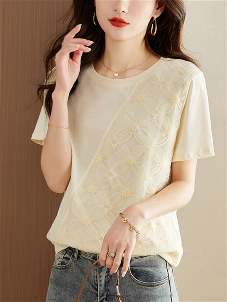 2025 Summer New Romantic Flower Lace Irregular Elegant Round Neck Design T-Shirt Women's Versatile Short Sleeve Top
2025 Summer New Romantic Flower Lace Irregular Elegant Round Neck Design T-Shirt Women's Versatile Short Sleeve Top