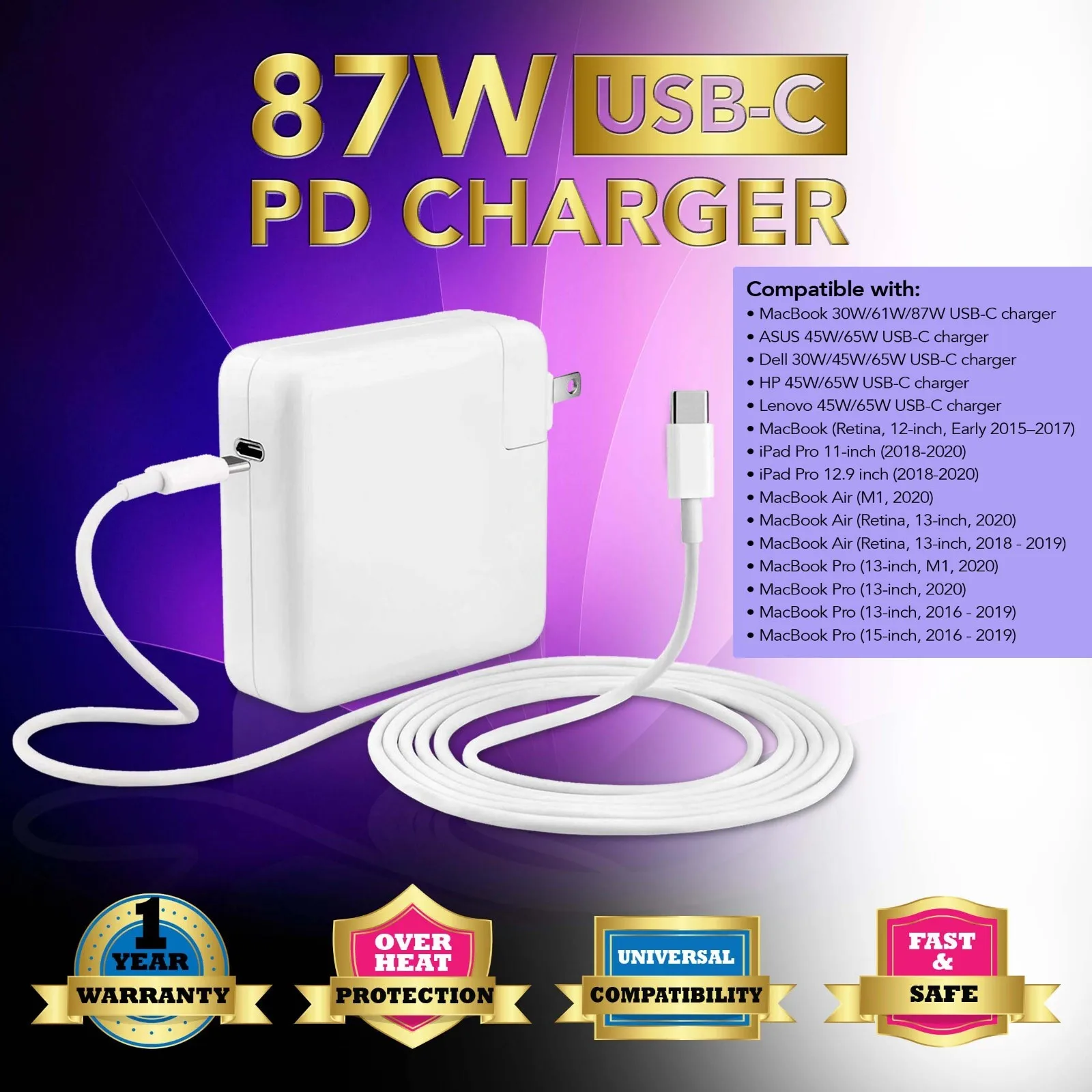 87W USB-C AC Power Supply Adapter Charger Type C For Mac Air Thunderbolt Macbook
87W USB-C AC Power Supply Adapter Charger Type C For Mac Air Thunderbolt Macbook