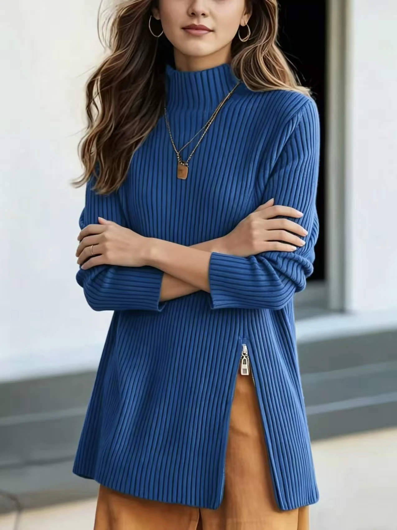 Mock Neck Vertical Ribbed Knit Tunic Top Long Sleeve Side Zip Split Hem Loose Fit Casual Pullover Sweater
Mock Neck Vertical Ribbed Knit Tunic Top Long Sleeve Side Zip Split Hem Loose Fit Casual Pullover Sweater
