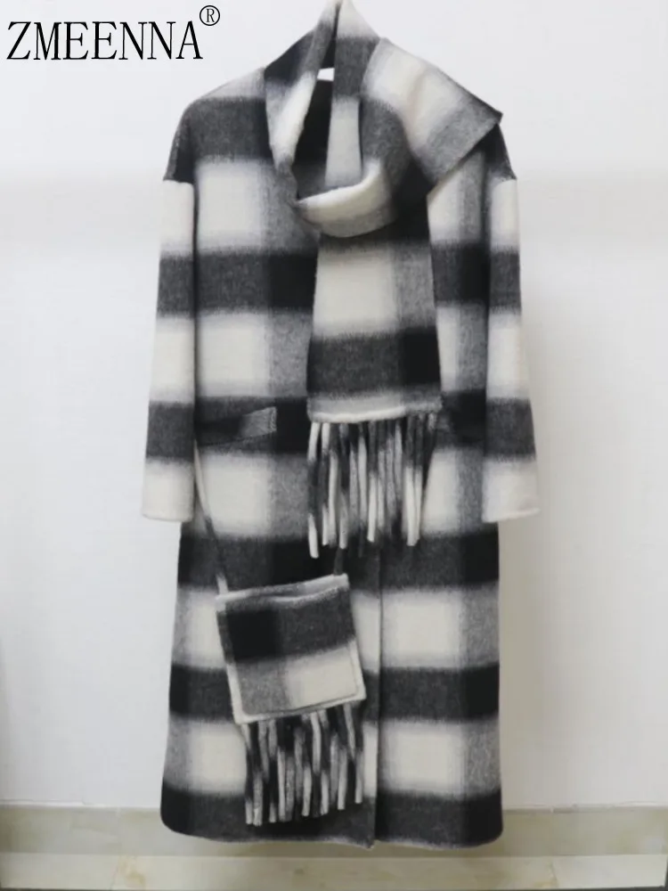 ZMEENNA элегантное женское черно-белое клетчатое длинное пальто из смесовой шерсти с подходящим шарфом с бахромой, стильная верхняя одежда ZM3874
ZMEENNA элегантное женское черно-белое клетчатое длинное пальто из смесовой шерсти с подходящим шарфом с бахромой, стильная верхняя одежда ZM3874