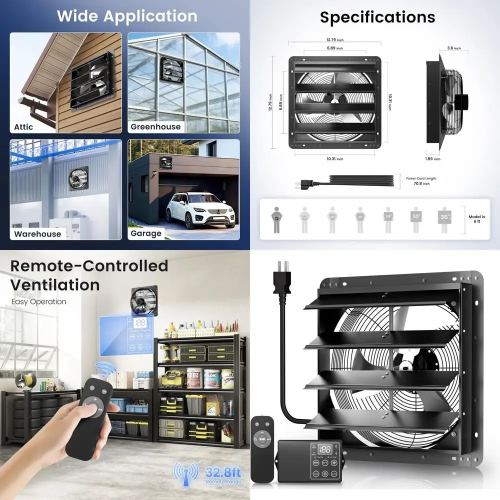 10 Shutter Exhaust Fan with 6ft Power Cord, AC Motor, Smart Variable Remote Control (32.8ft Range), Auto Temperature Timer, Suit
10 Shutter Exhaust Fan with 6ft Power Cord, AC Motor, Smart Variable Remote Control (32.8ft Range), Auto Temperature Timer, Suit