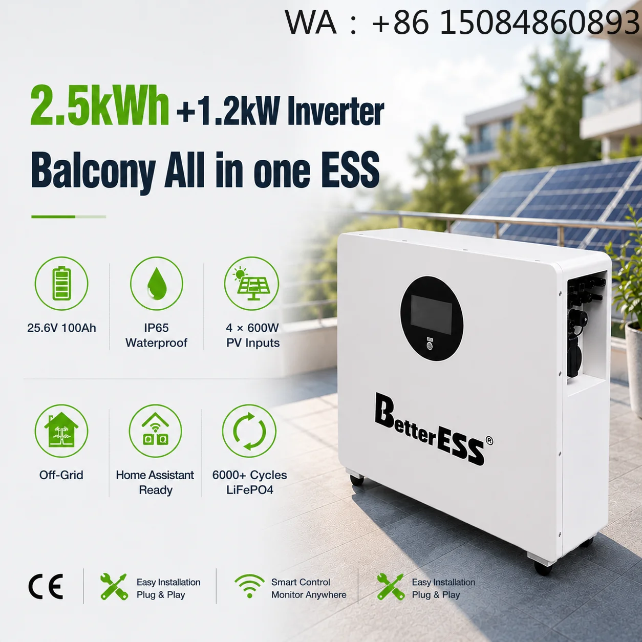 Plug And Play SystemOutdoor IP65 All-in-one 2.5kWh+1.2kw 25.6V 100Ah Balcony Energy Storage Battery WiFi Control 2.5
Plug And Play SystemOutdoor IP65 All-in-one 2.5kWh+1.2kw 25.6V 100Ah Balcony Energy Storage Battery WiFi Control 2.5