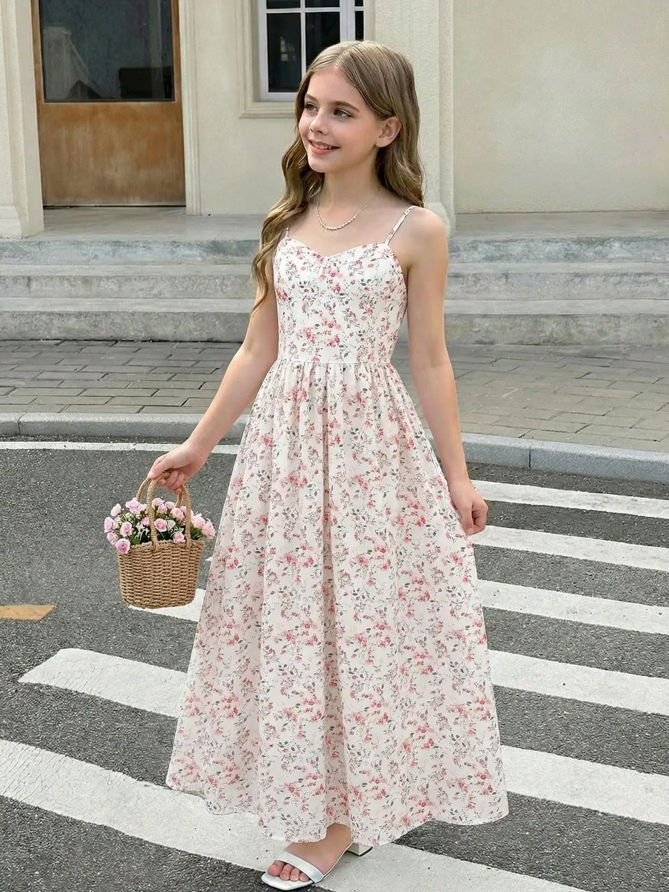 Girls Floral Print Spaghetti Strap Midi Dress for Spring Summer Casual Wear
Girls Floral Print Spaghetti Strap Midi Dress for Spring Summer Casual Wear