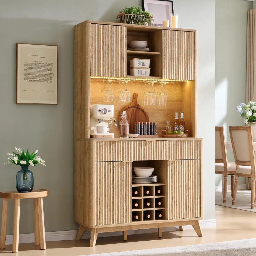 Modern Wood Fluted Coffee Bar Cabinet with LED Lights and 10 Tier Storage Shelf & 9 Grid Wine Glass Rack
Modern Wood Fluted Coffee Bar Cabinet with LED Lights and 10 Tier Storage Shelf & 9 Grid Wine Glass Rack