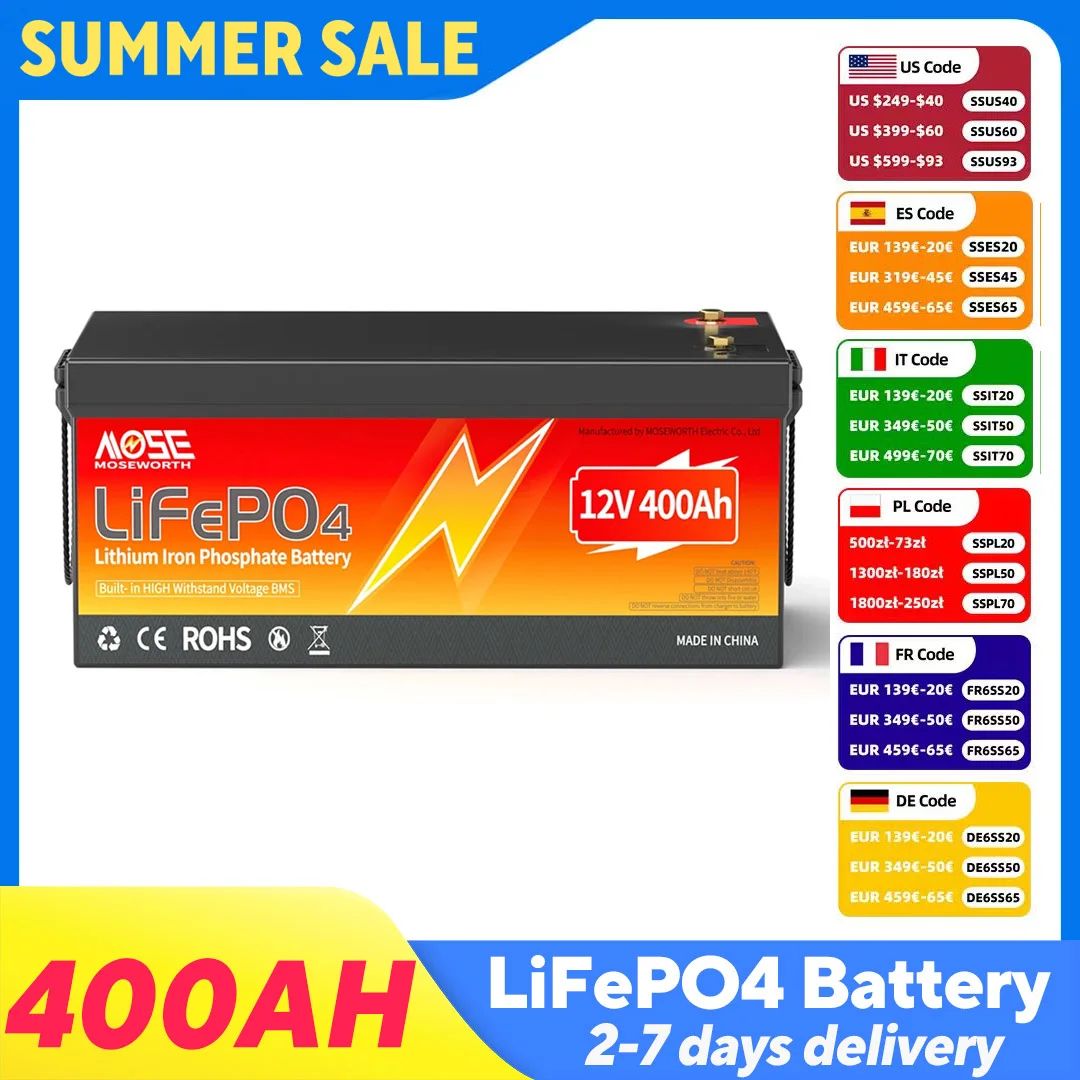 MOSEWORTH 12V 400Ah LiFePO4 Battery 200A BMS Lithium Iron Phosphate Battery Deep Cycle for Home Energy Boat Outdoor RV Camper
MOSEWORTH 12V 400Ah LiFePO4 Battery 200A BMS Lithium Iron Phosphate Battery Deep Cycle for Home Energy Boat Outdoor RV Camper