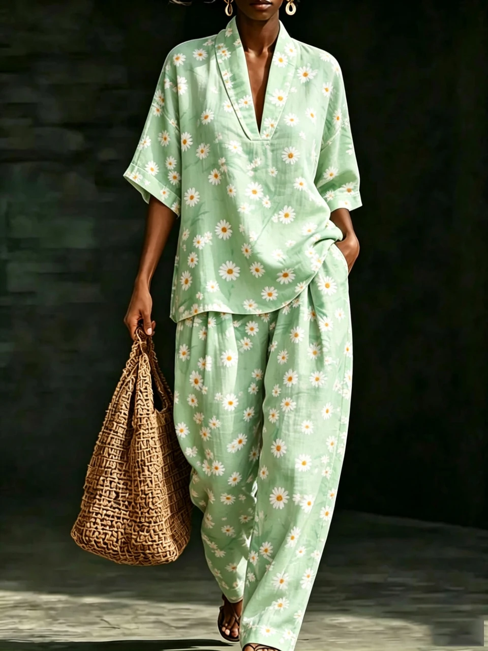 Daisy Print 2 Piece Set Women Short Sleeve V Neck Top & Wide Leg Pants Casual Loose Suit Fashion Suit Summer Female Outfits
Daisy Print 2 Piece Set Women Short Sleeve V Neck Top & Wide Leg Pants Casual Loose Suit Fashion Suit Summer Female Outfits
