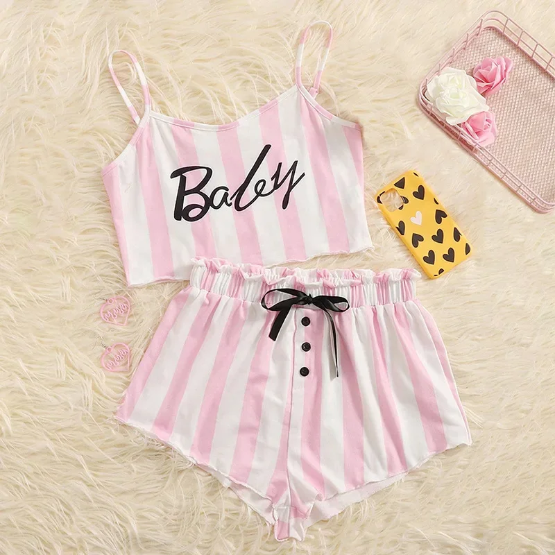 2025 Summer Sexy slim bow Sling Crop Tops and Shorts 2 Pieces Suit Pink stripe letter Pajamas Set Women Homewear Short Sleepwear
2025 Summer Sexy slim bow Sling Crop Tops and Shorts 2 Pieces Suit Pink stripe letter Pajamas Set Women Homewear Short Sleepwear