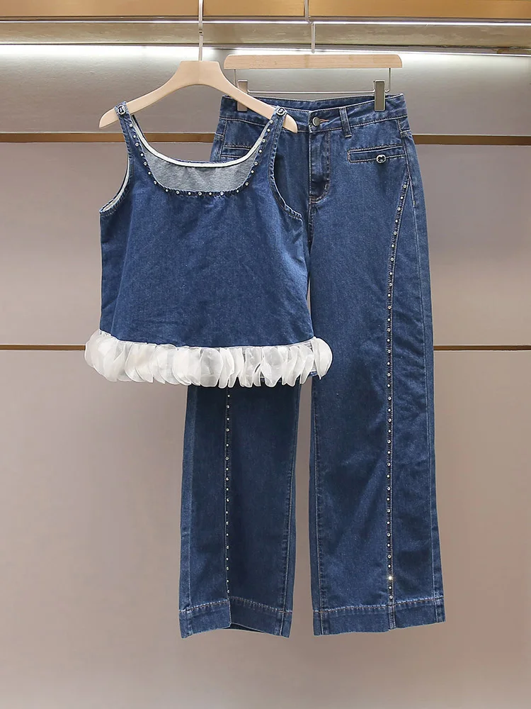 Withered Women's Summer New Collection Socialite Casual Patchwork Vest Wide Leg Nail Bead Pants Denim Suit
Withered Women's Summer New Collection Socialite Casual Patchwork Vest Wide Leg Nail Bead Pants Denim Suit