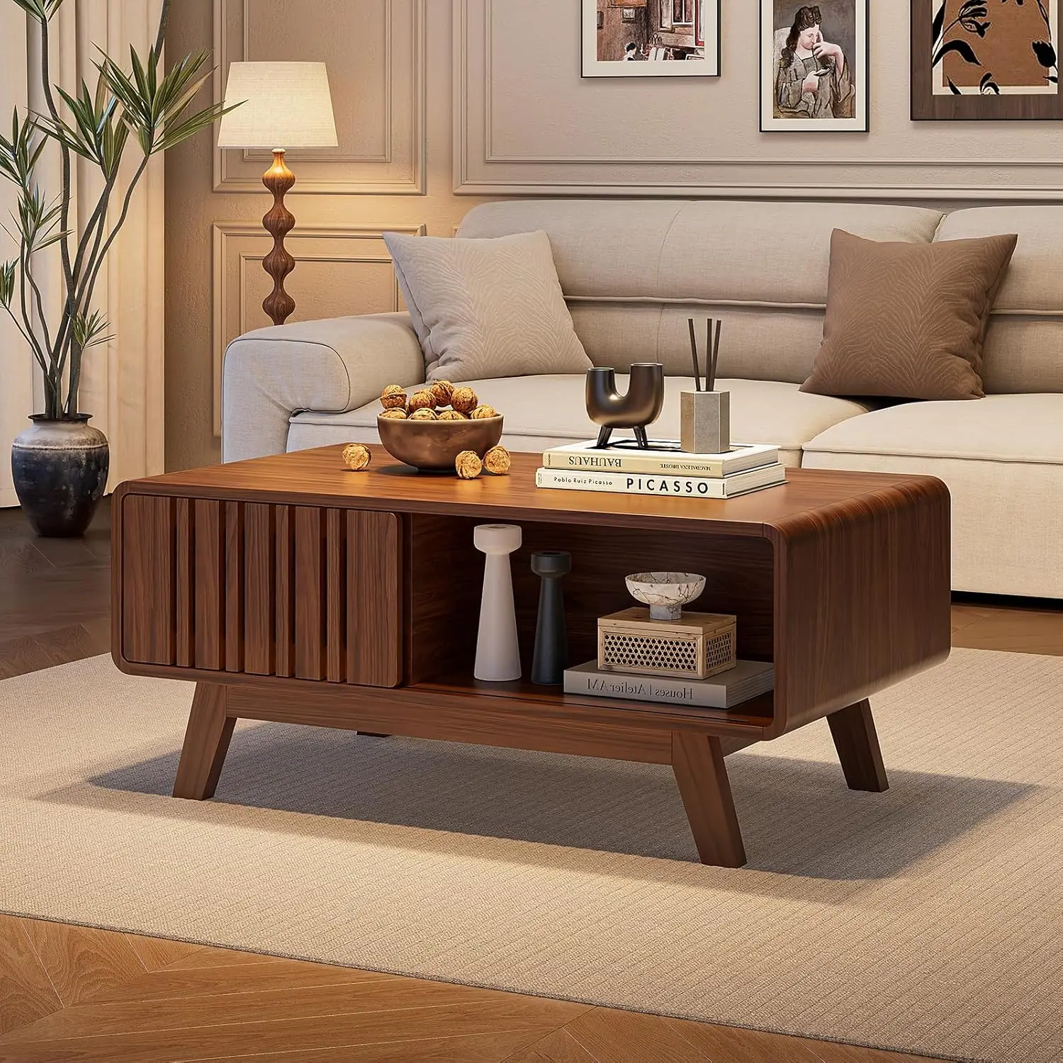 Coffee Table, Mid Century Modern Table with Storage Compartment, Fluted Table with Sliding Cabinet
Coffee Table, Mid Century Modern Table with Storage Compartment, Fluted Table with Sliding Cabinet
