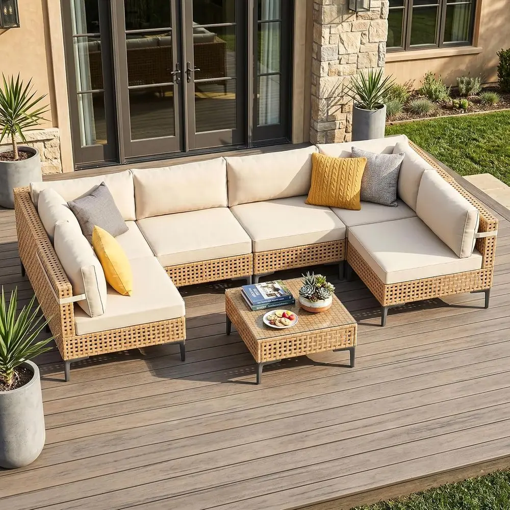 7-Piece Large Outdoor Sectional Furniture Set with Cushions, All-Weather Wicker, Boho Style for Patio, Porch, Deck
7-Piece Large Outdoor Sectional Furniture Set with Cushions, All-Weather Wicker, Boho Style for Patio, Porch, Deck